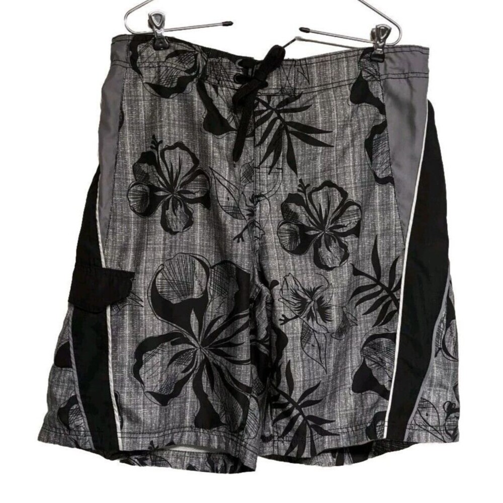OP Trunks Men Large Swim Shorts Lei Floral Tie Waist Hawaiian Black L (36-38)